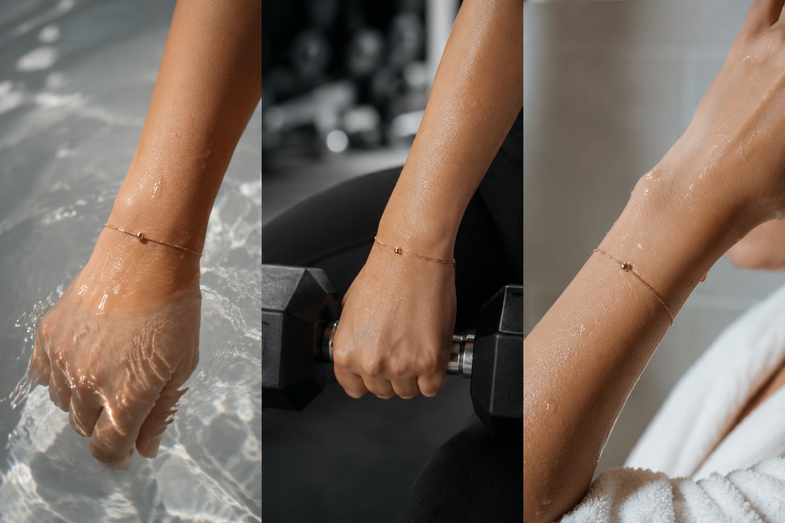 A delicate permanent bracelet worn through swimming, exercise and everyday care